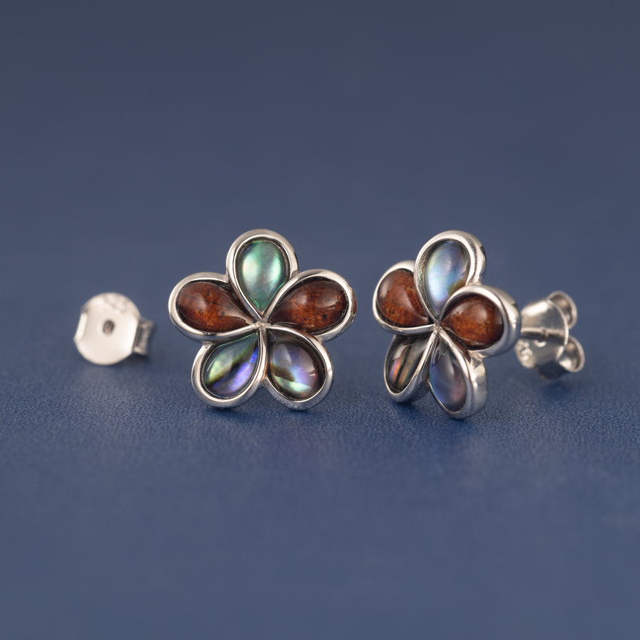 Sterling Silver Koa Wood and Abalone Shell Hawaiian Mauka to Makai Plumeria Flower Stud Earrings