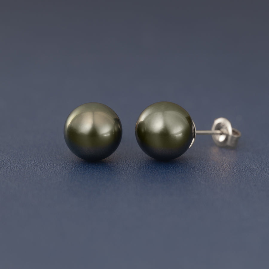 Solid 14K White-Gold Genuine AAA Tahitian Black Pearl Stud Earrings 8mm – 10mm