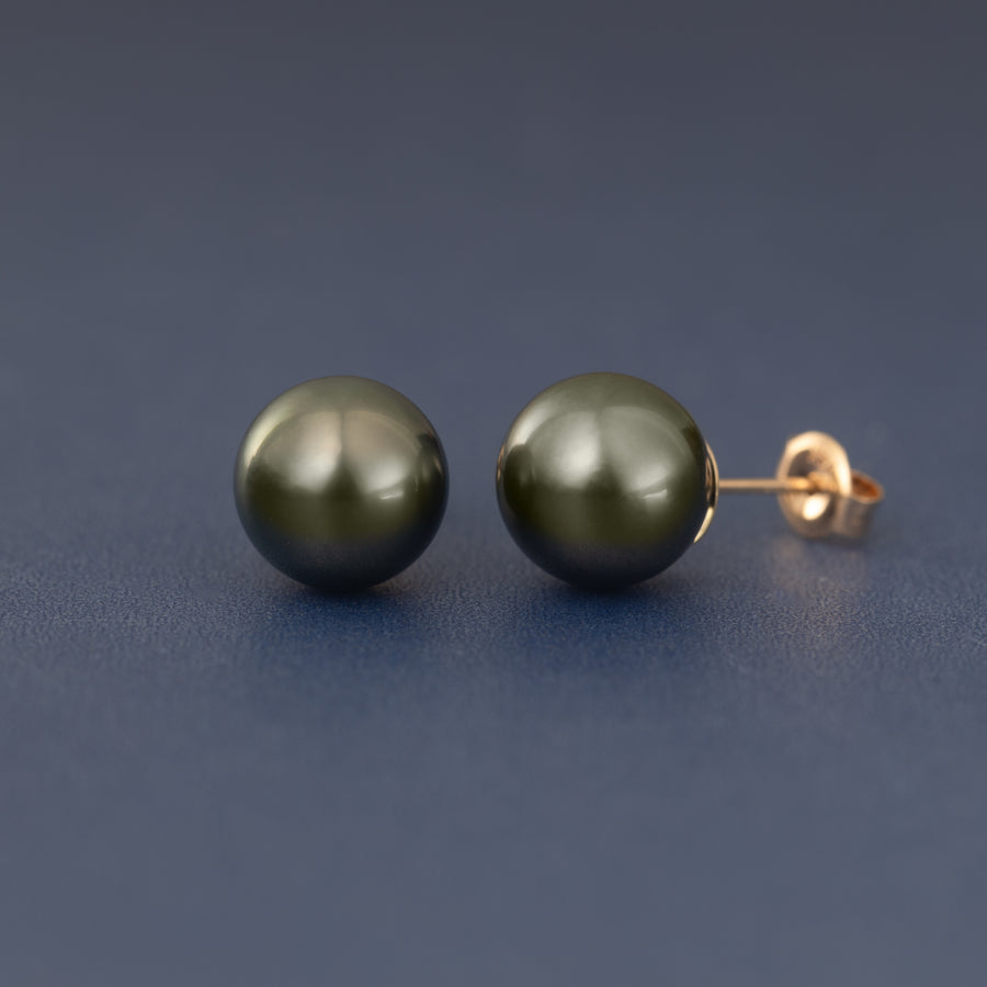 Solid 14K Yellow-Gold Genuine AAA Tahitian Black Pearl Stud Earrings 8mm – 10mm