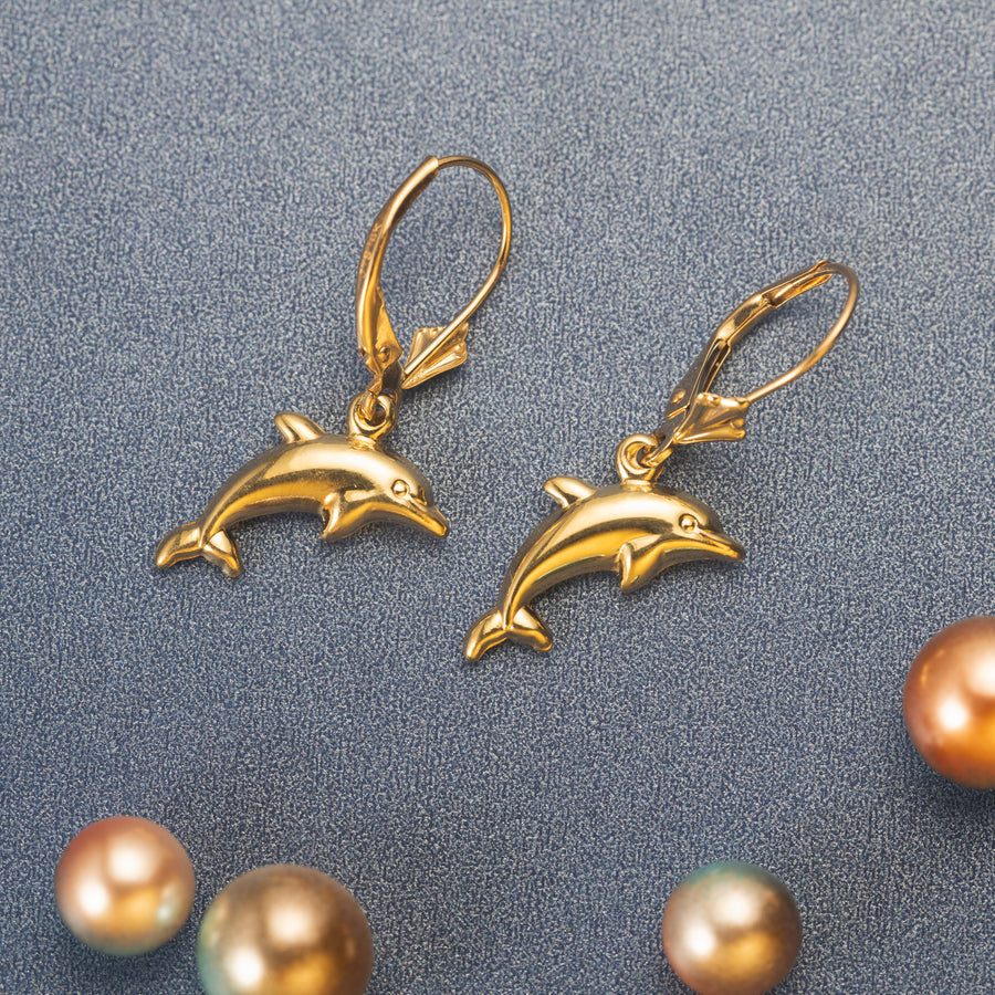 14K Solid Yellow Gold Hawaiian Dolphin Dangle Earrings