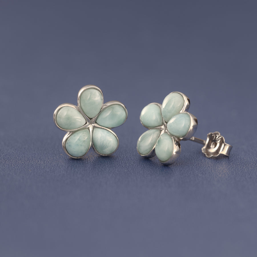 925 Sterling Silver Natural Larimar Plumeria Flower Stud Earrings