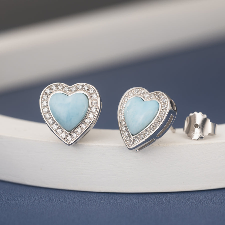 925 Sterling Silver Natural Larimar & Topaz Halo Heart Stud Earrings