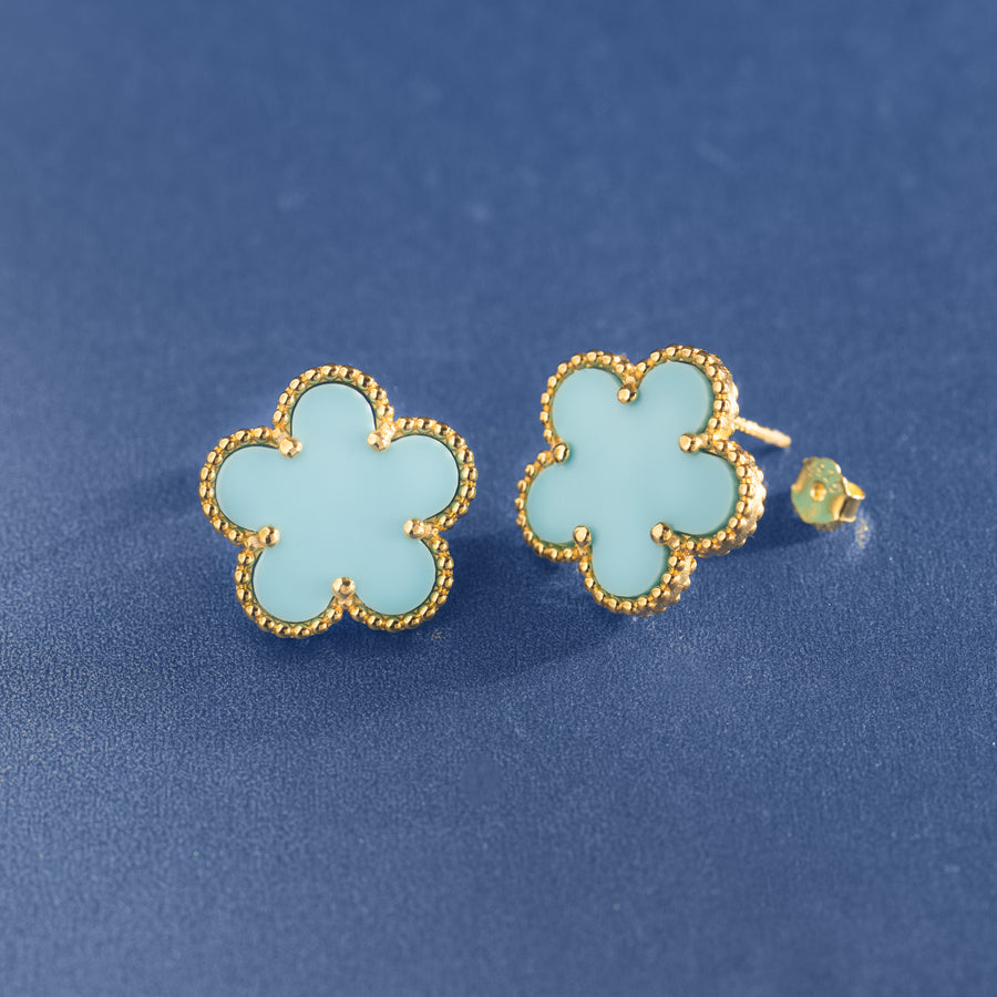 925 Sterling Silver 14K Yellow Gold Plated Hawaiian Aloha Plumeria Clover Flower Stud Earrings, Turquoise