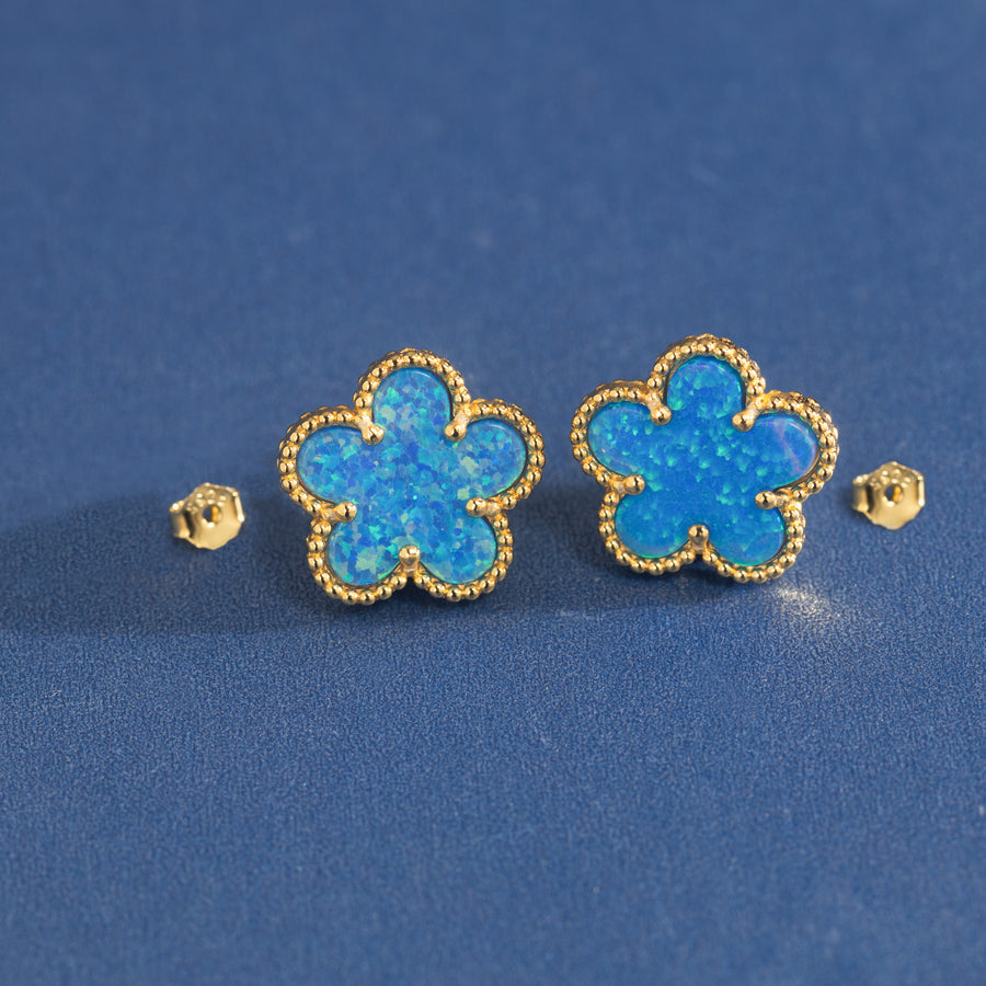 925 Sterling Silver 14K Yellow Gold Plated Hawaiian Aloha Plumeria Clover Flower Stud Earrings, Blue Opal