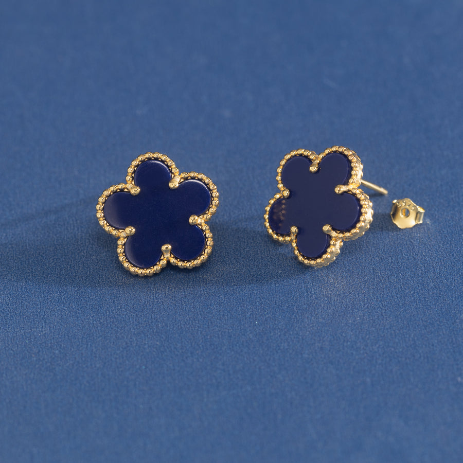 925 Sterling Silver 14K Yellow Gold Plated Hawaiian Aloha Plumeria Clover Flower Stud Earrings, Lapis Lazuli