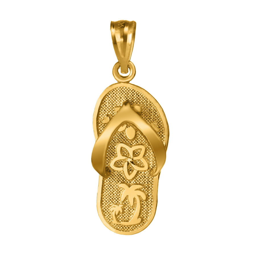 14K Solid Yellow Gold Slipper Flip Flop Pendant Charm (Plumeria & Palm Tree)