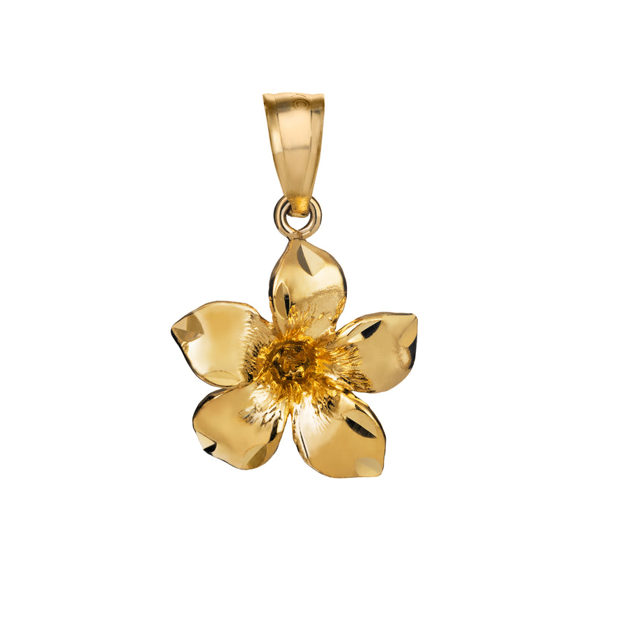 14K Solid Yellow Gold Hawaiian Mirror Polished Plumeria Flower Pendant Charm