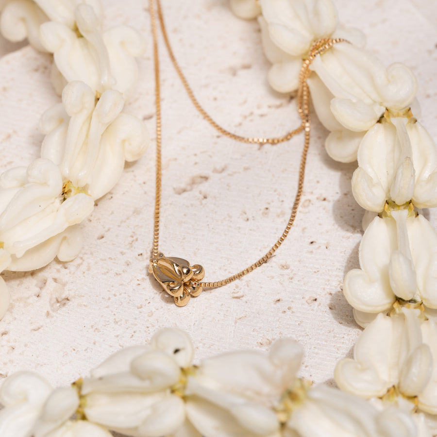 14K Solid Yellow Gold Hawaiian Beaded Crown Flower Bud Necklace