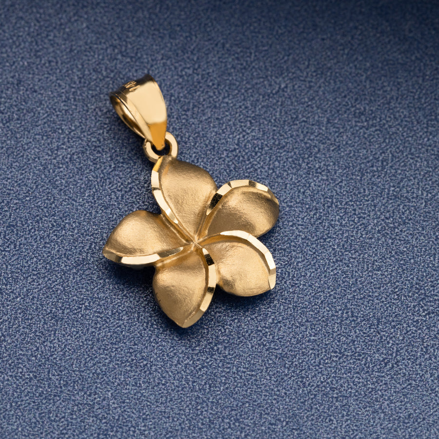 14K Solid Yellow Gold Hawaiian Plumeria Flower Pendant Charm