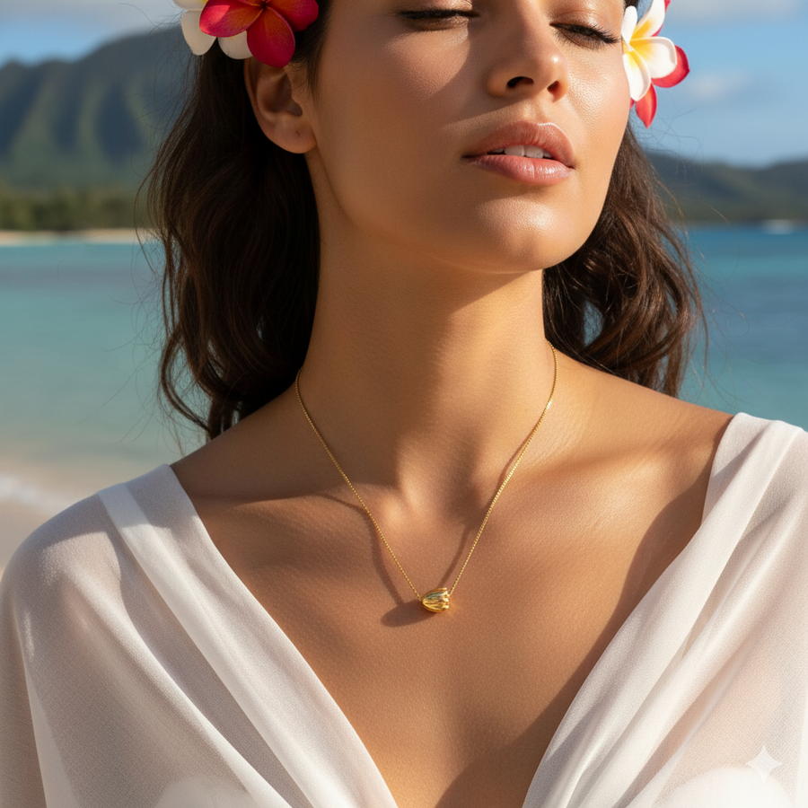 14K Solid Yellow Gold Hawaiian Beaded Maile Jasmine Flower Bud Necklace