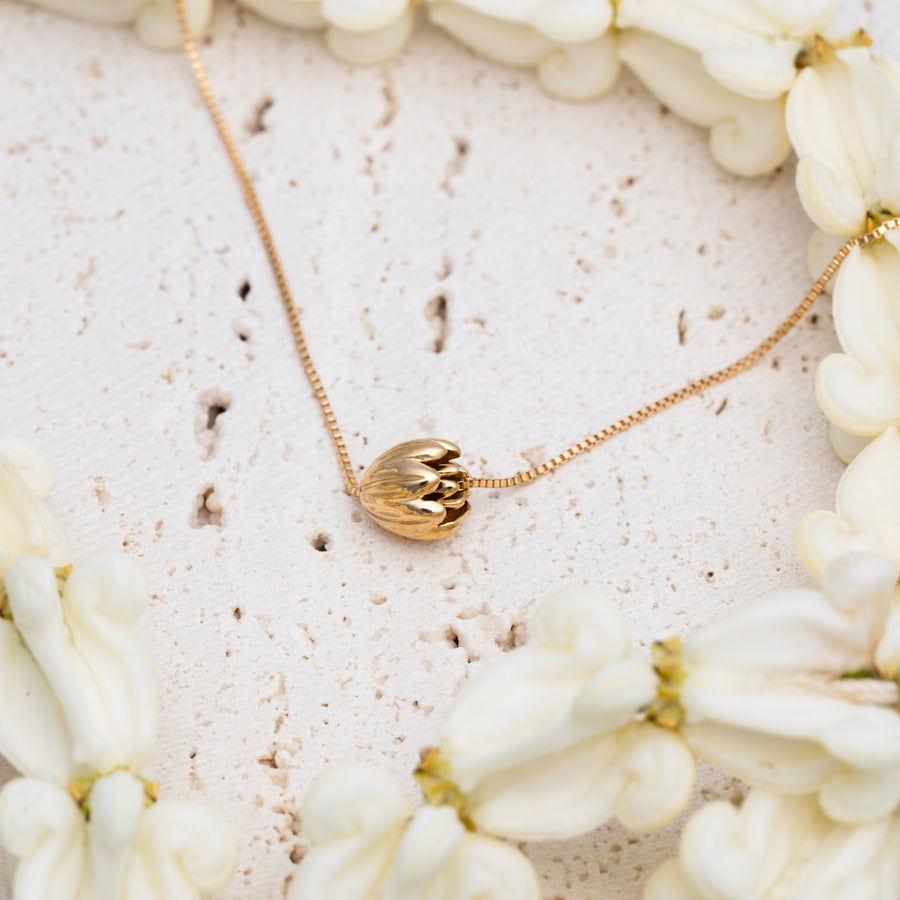 14K Solid Yellow Gold Hawaiian Beaded Maile Jasmine Flower Bud Necklace