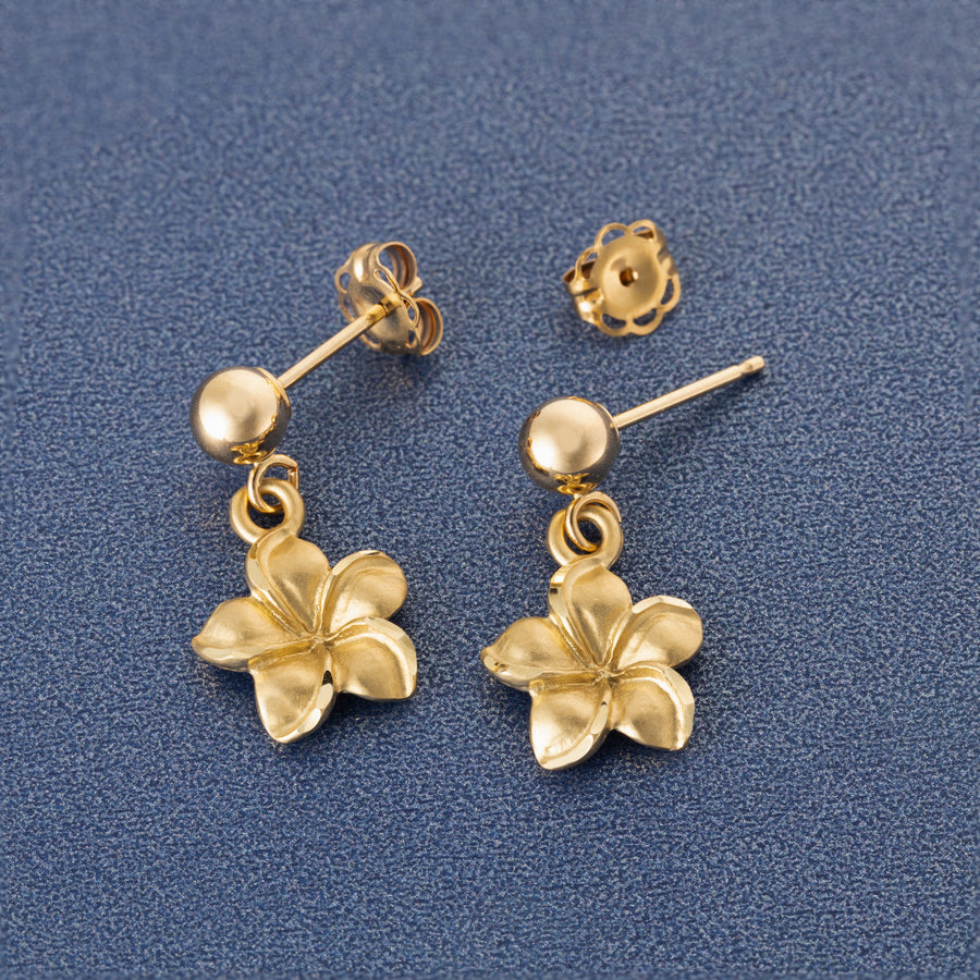 14K Solid Yellow Gold Hawaiian Plumeria Flower Dangle Ball Stud Earrings