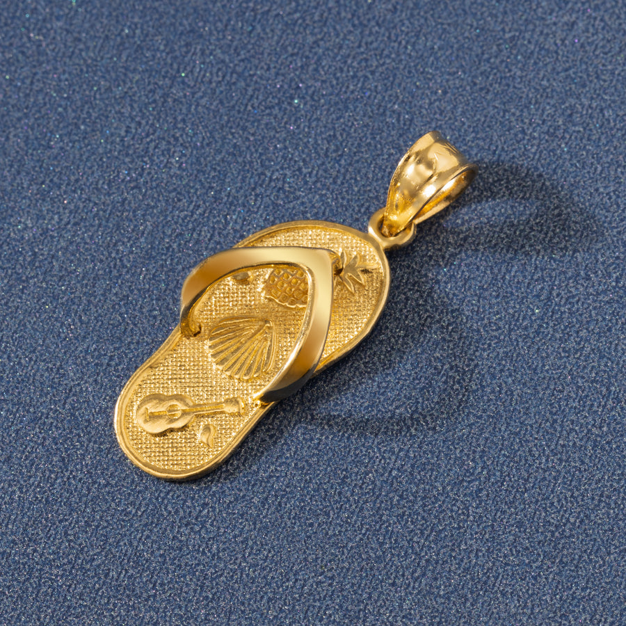 14K Solid Yellow Gold Slipper Flip Flop Pendant Charm (Sea Shell & Ukulele)