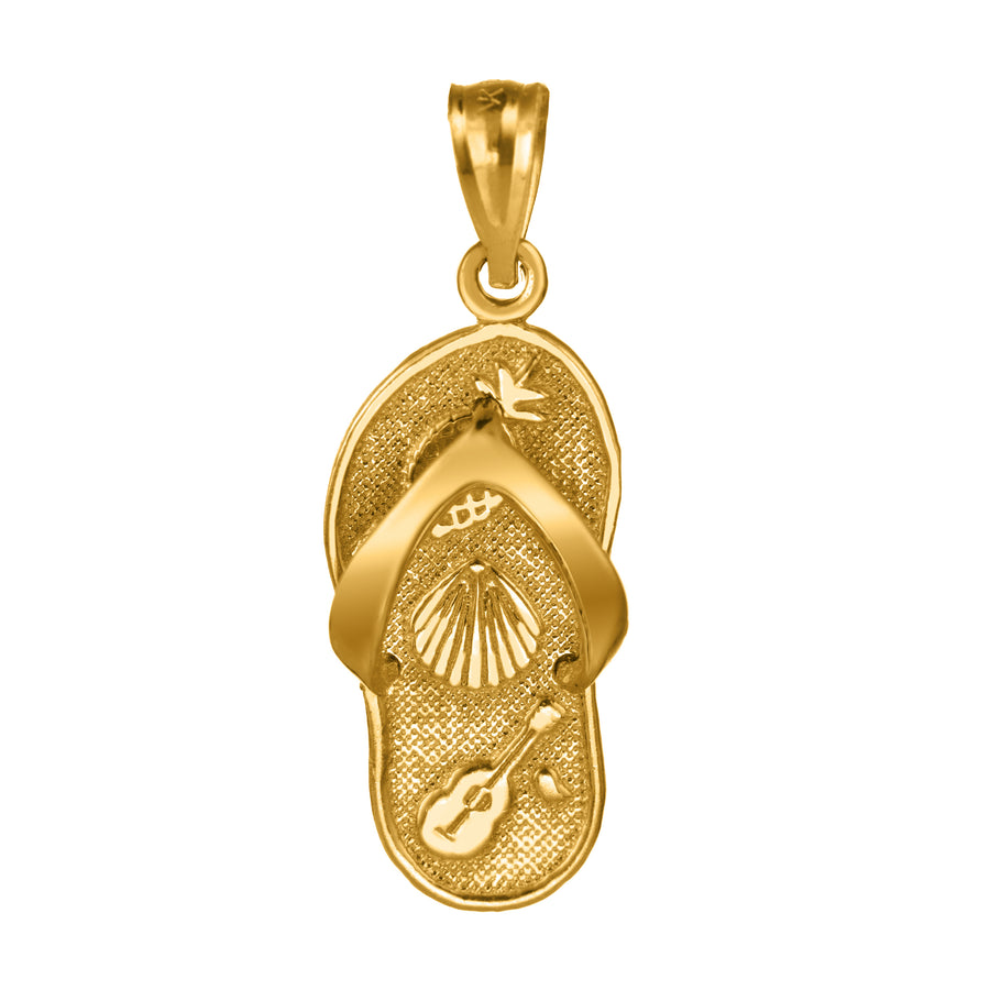 14K Solid Yellow Gold Slipper Flip Flop Pendant Charm (Sea Shell & Ukulele)