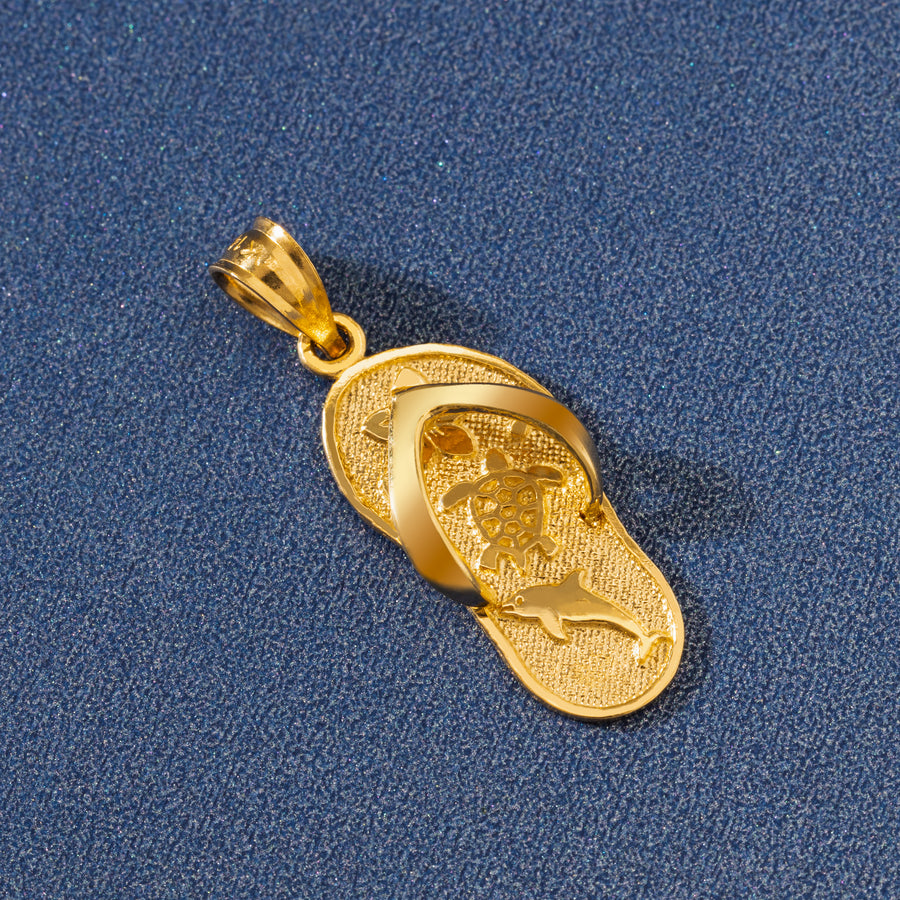 14K Solid Yellow Gold Slipper Flip Flop Pendant Charm (Turtle & Dolphin)