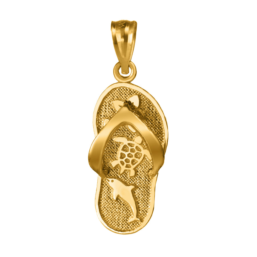 14K Solid Yellow Gold Slipper Flip Flop Pendant Charm (Turtle & Dolphin)