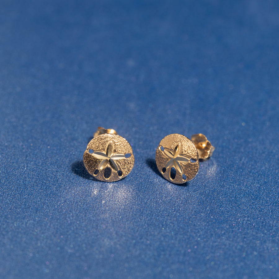 14K Solid Yellow Gold Hawaiian Sand Dollar Stud Earrings