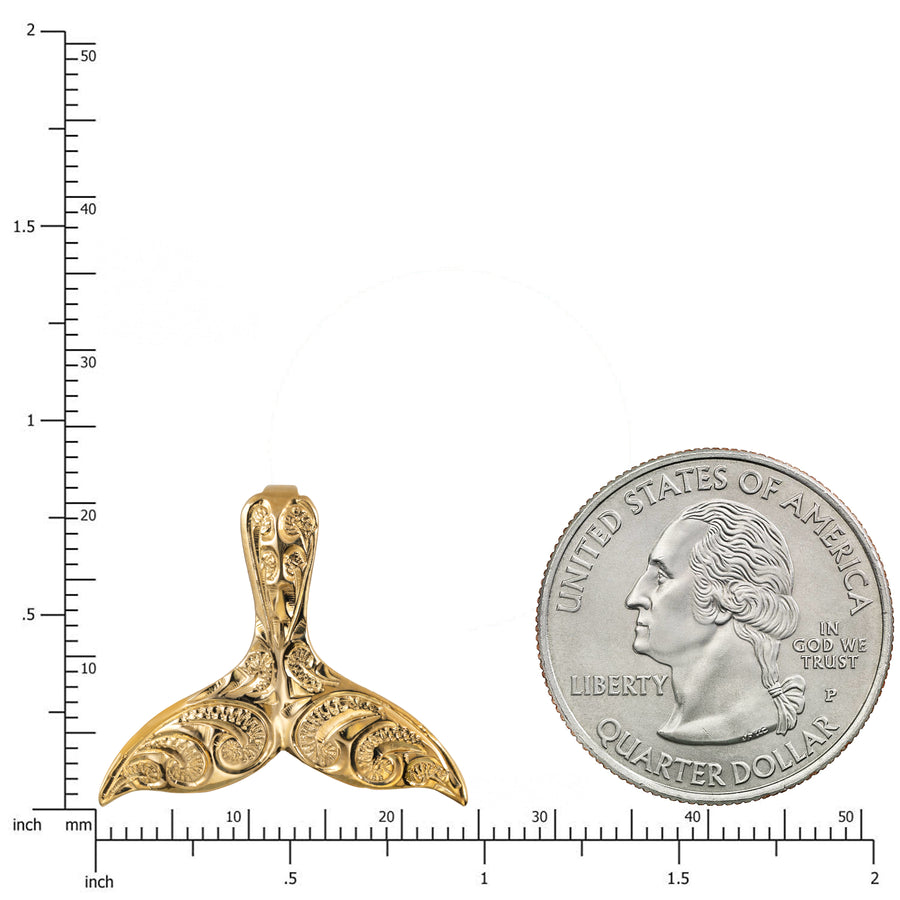 14K Solid Yellow Gold Hawaiian Heirloom Scroll Whale Tail Pendant Charm