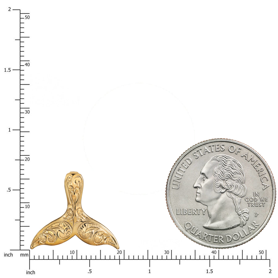 14K Solid Yellow Gold Hawaiian Heirloom Scroll Whale Tail Pendant Charm
