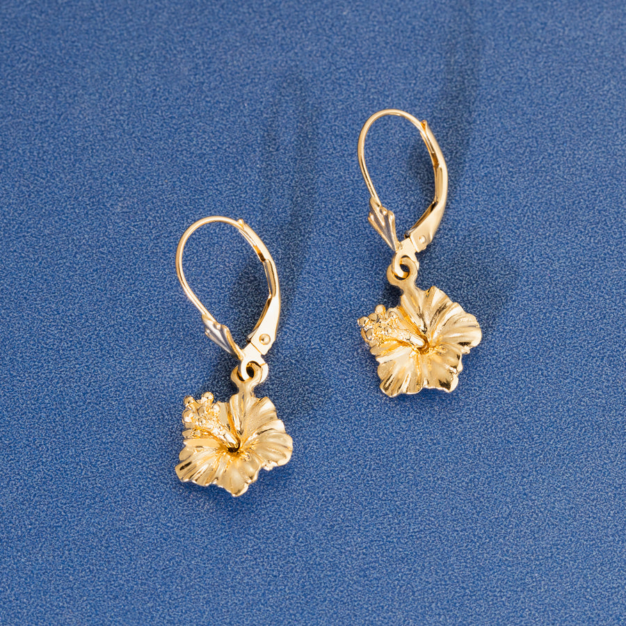 14K Solid Yellow Gold Hawaiian Hibuscus Flower Earrings Dangle Leverback