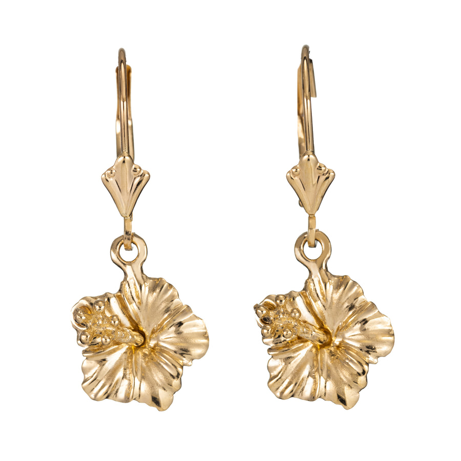 14K Solid Yellow Gold Hawaiian Hibuscus Flower Earrings Dangle Leverback