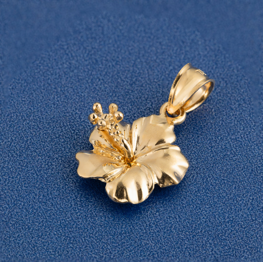 14K Solid Yellow Gold Hawaiian Hibiscus Flower Pendant Charm