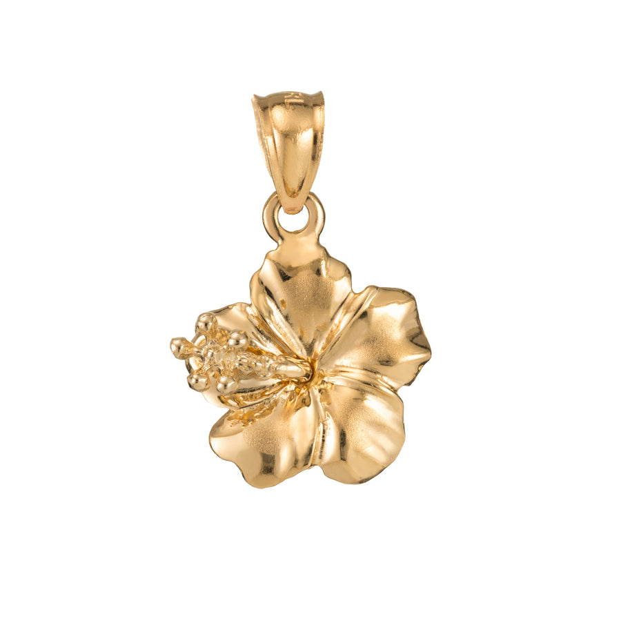 14K Solid Yellow Gold Hawaiian Hibiscus Flower Pendant Charm