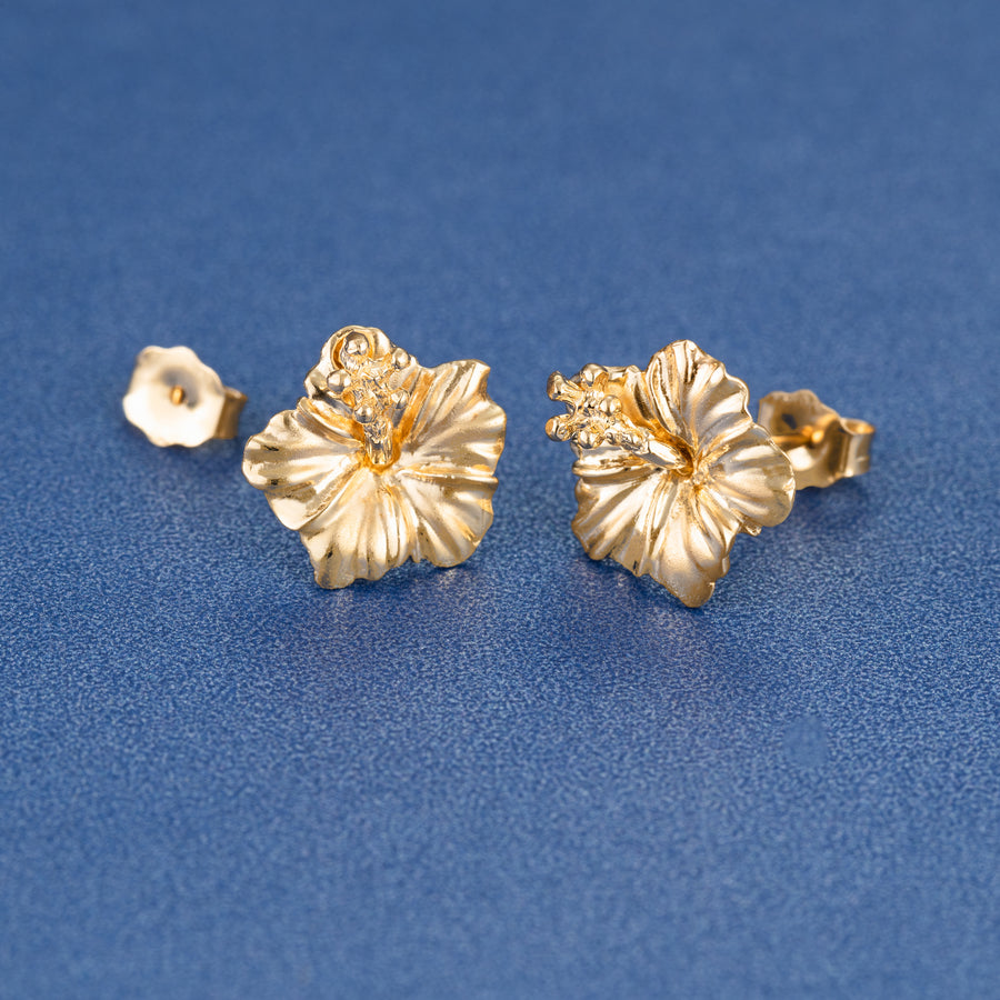 14K Solid Yellow Gold Hawaiian Hibiscus Flower Stud Earrings