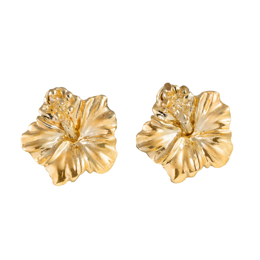 14K Solid Yellow Gold Hawaiian Hibiscus Flower Stud Earrings