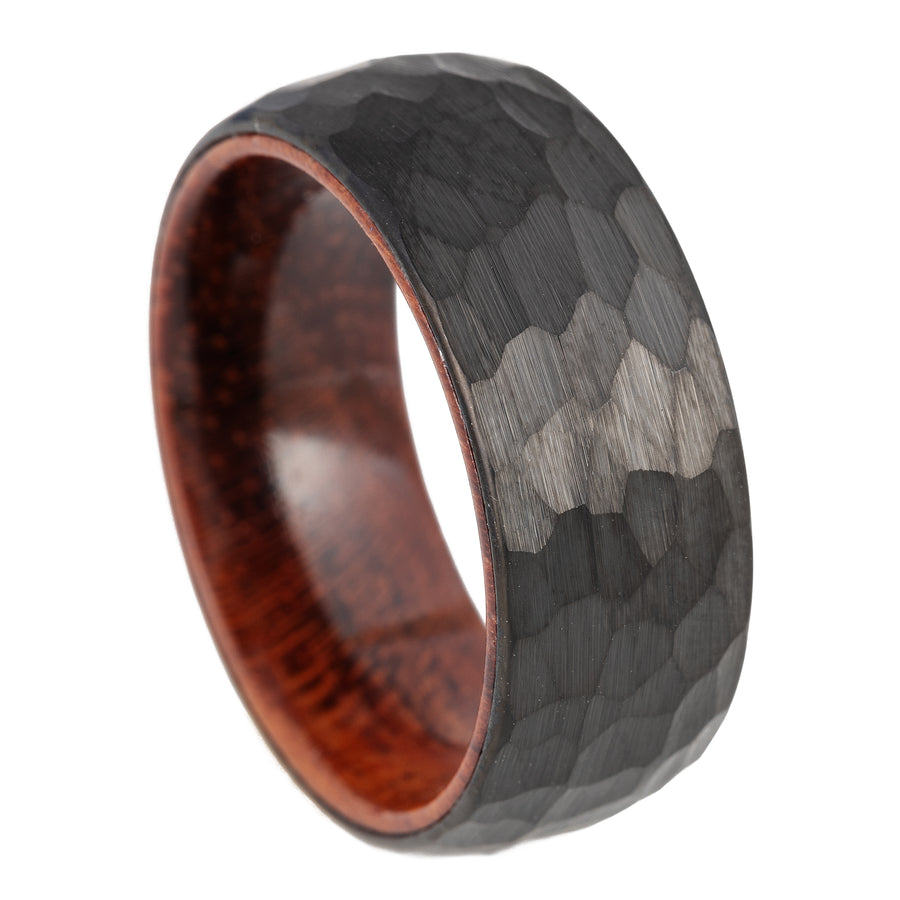 8mm Hammered Black Tungsten Carbide Genuine Natural Koa Wood Inner Inlay Ring