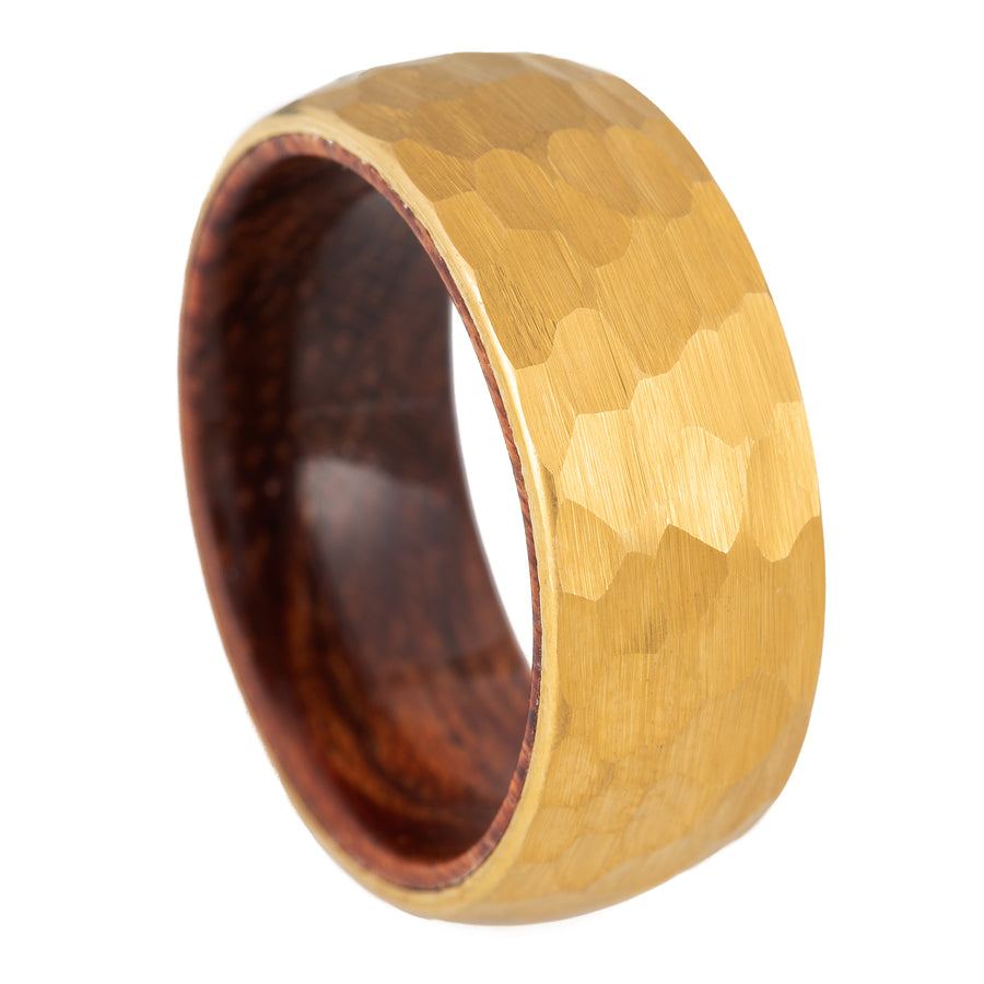 8mm Hammered Gold Tungsten Carbide Genuine Natural Koa Wood Inner Inlay Ring