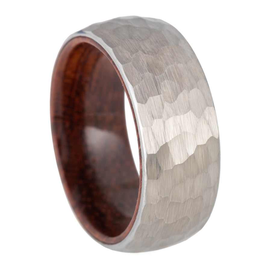 8mm Hammered Silver Tungsten Carbide Genuine Natural Koa Wood Inner Inlay Ring