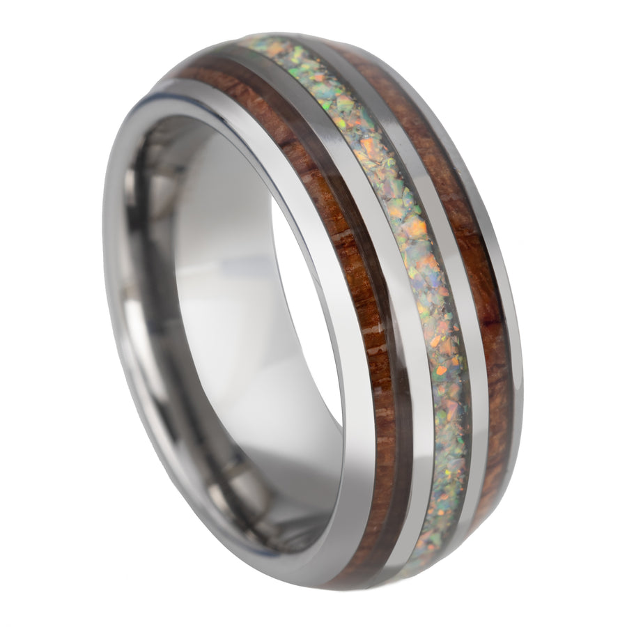 Tungsten Carbide Hawaiian Koa Wood with Crushed White Opal Inlay 8mm Wedding Band