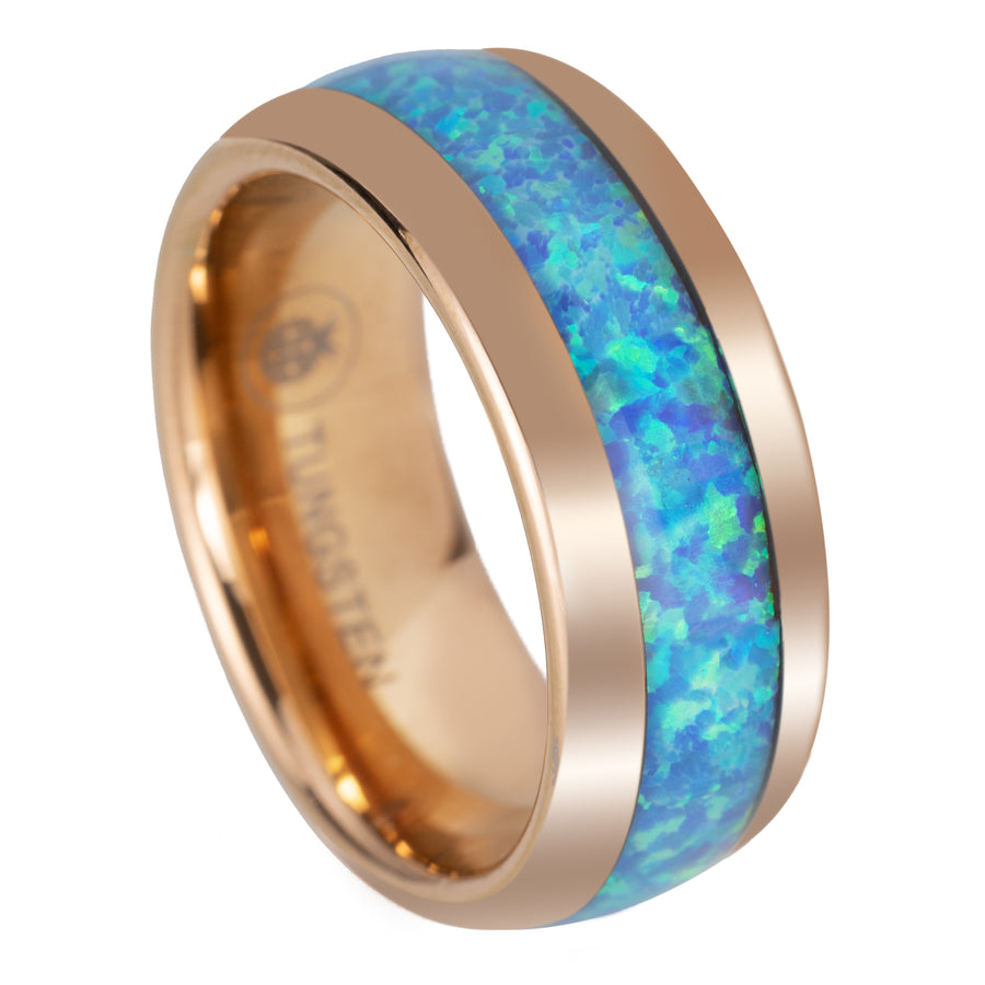 Rose Gold Tungsten Carbide Blue Opal Inlay 8mm Wedding Band