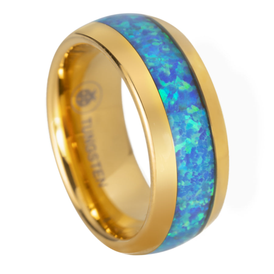 Gold Tungsten Carbide Blue Opal Inlay 8mm Wedding Band