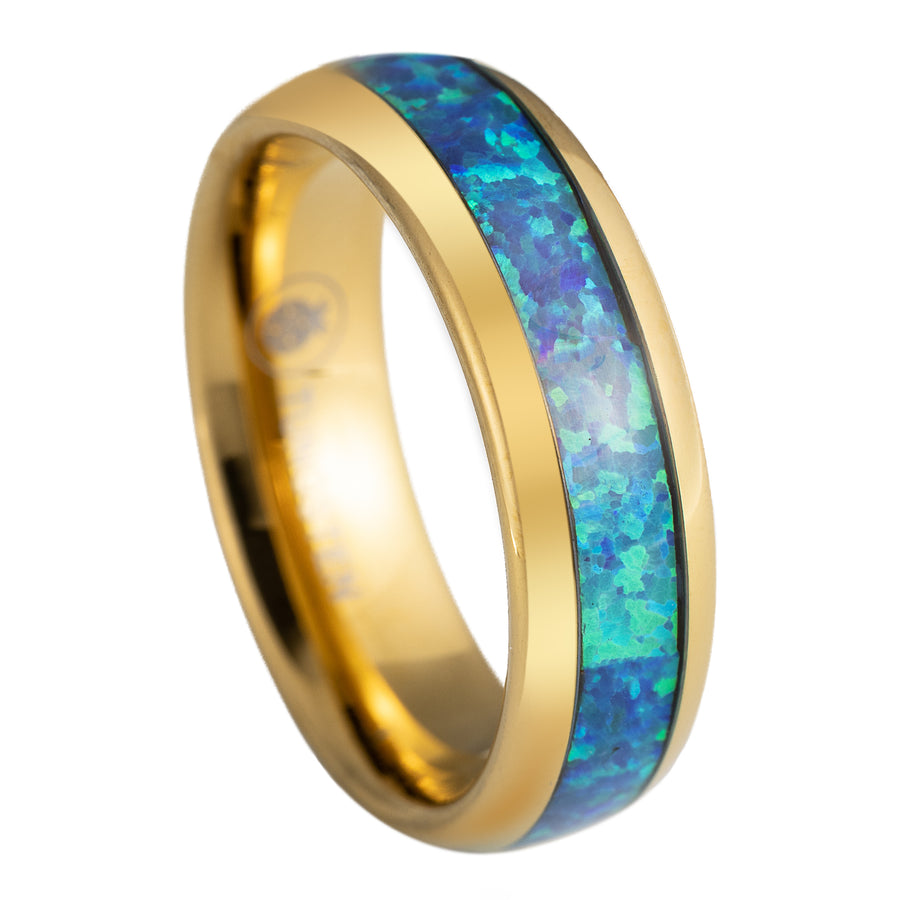 Gold Tungsten Carbide Blue Opal Inlay 6mm Wedding Band