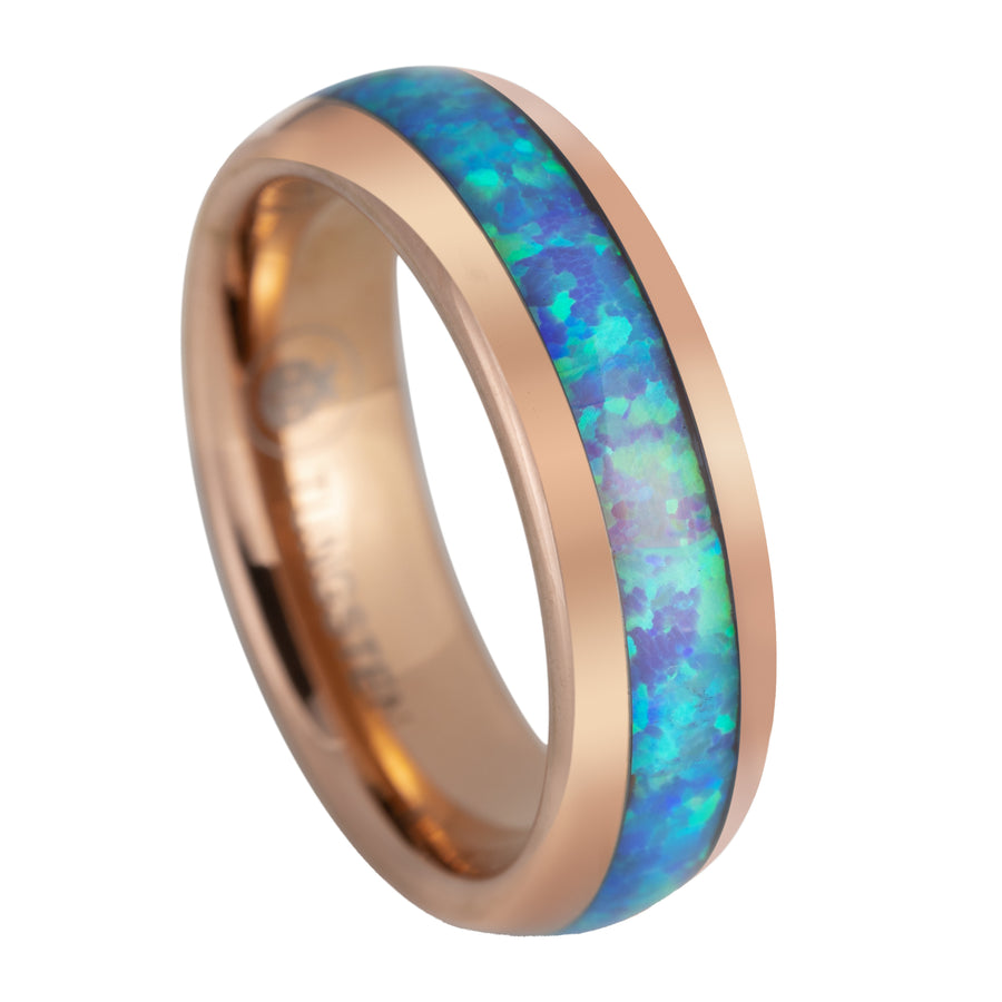 Rose Gold Tungsten Carbide Blue Opal Inlay 6mm Wedding Band