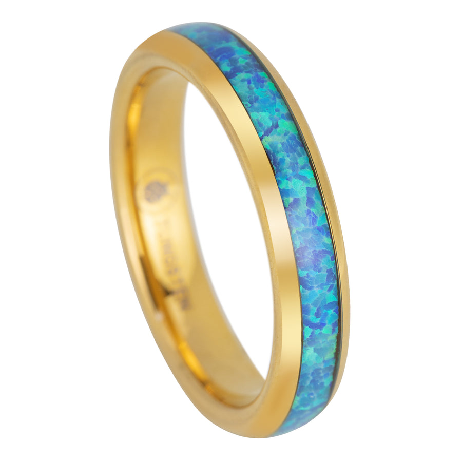 Yellow Gold Tungsten Carbide Blue Opal Inlay 4mm Wedding Band