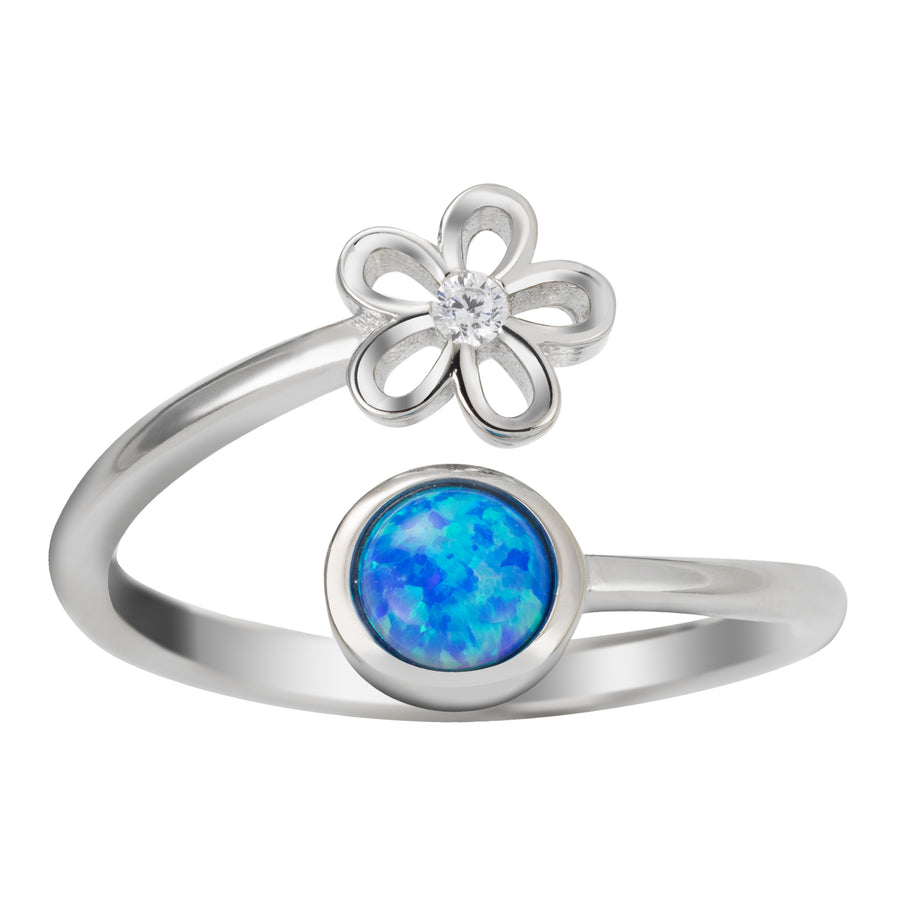 Sterling Silver Rhodium Plated Blue Opal Plumeria Flower and Full Moon Adjustable Bypass Ring