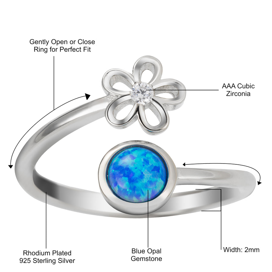 Sterling Silver Rhodium Plated Blue Opal Plumeria Flower and Full Moon Adjustable Bypass Ring