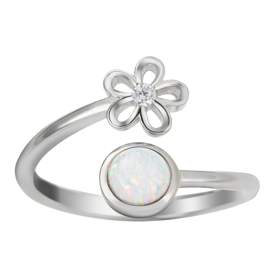 Sterling Silver Rhodium Plated White Opal Plumeria Flower and Full Moon Adjustable Bypass Ring