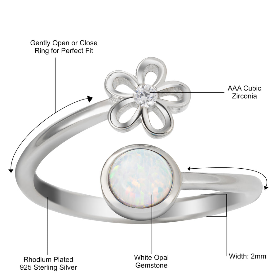 Sterling Silver Rhodium Plated White Opal Plumeria Flower and Full Moon Adjustable Bypass Ring