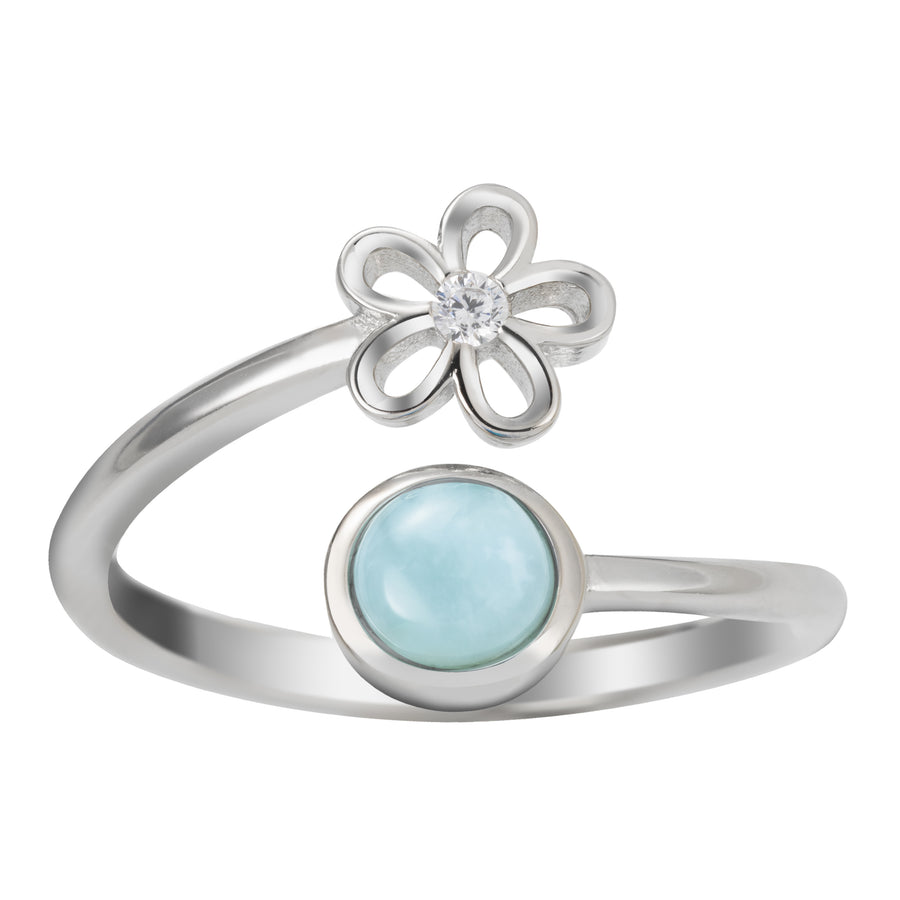 Sterling Silver Larimar Plumeria Flower and Full Moon Adjustable Bypass Ring