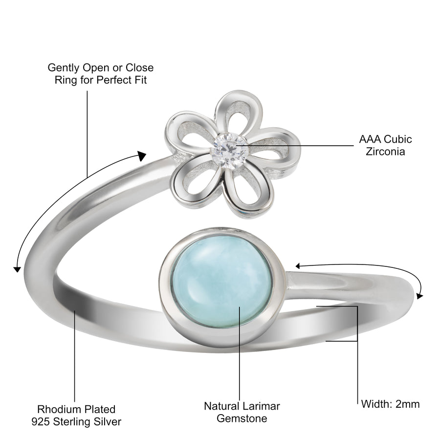 Sterling Silver Larimar Plumeria Flower and Full Moon Adjustable Bypass Ring