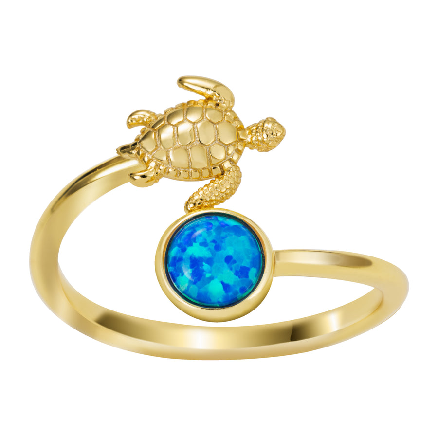 14K Gold Plated Sterling Silver Blue Opal Turtle and Full Moon Adjustable Bypass Ring