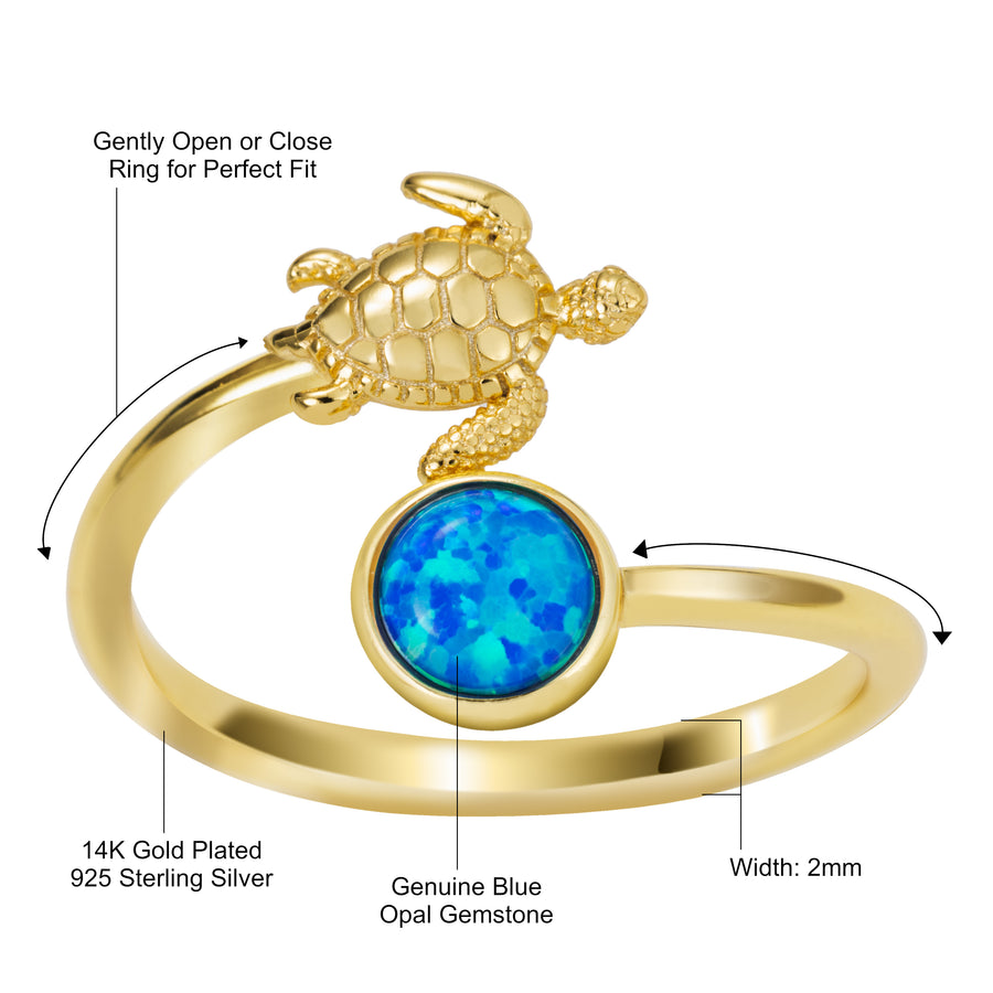 14K Gold Plated Sterling Silver Blue Opal Turtle and Full Moon Adjustable Bypass Ring