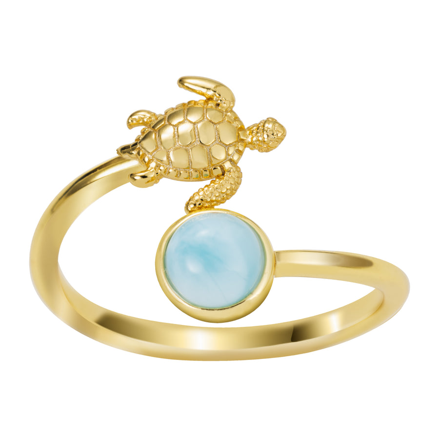 Sterling Silver 14K Gold Plated Larimar Turtle and Full Moon Adjustable Bypass Ring