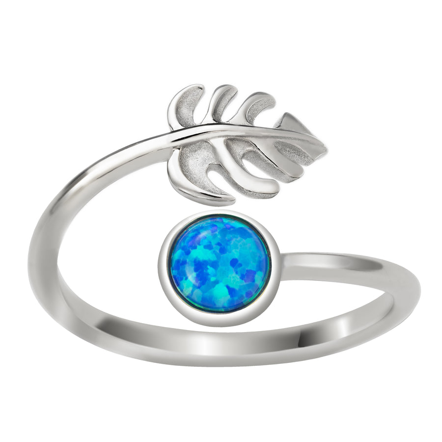 Sterling Silver Rhodium Plated Blue Opal Monstera Leaf and Full Moon Adjustable Bypass Ring