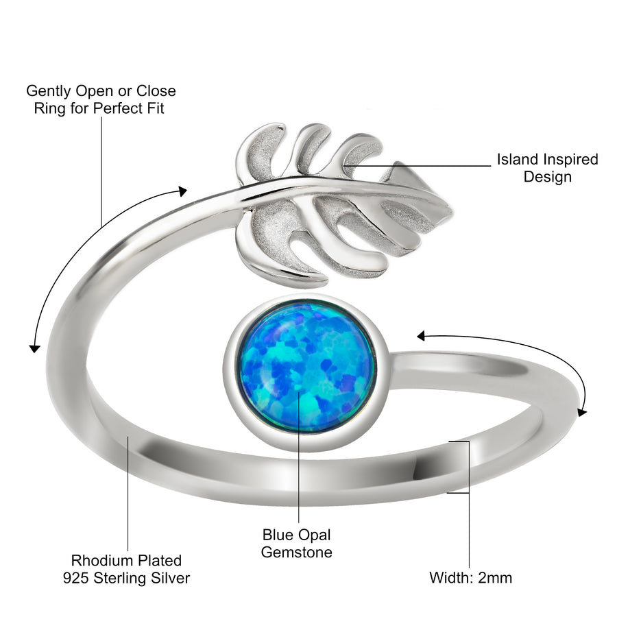 Sterling Silver Rhodium Plated Blue Opal Monstera Leaf and Full Moon Adjustable Bypass Ring