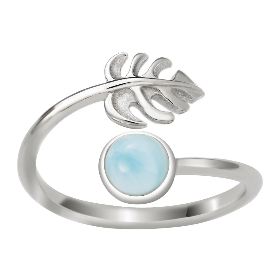 Sterling Silver Larimar Monstera Leaf and Full Moon Adjustable Bypass Ring